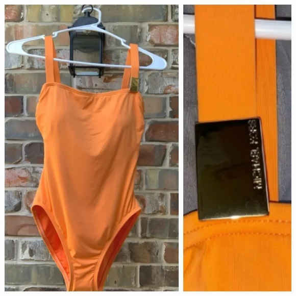 Michael Kors solid orange gold shoulder logo accent One Piece Swimsuit  Size 10 - Picture 1 of 16